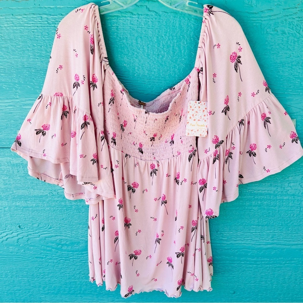 FREE PEOPLE Lana Off The Shoulder Pink Lilac Floral Bell Sleeves Tunic S…